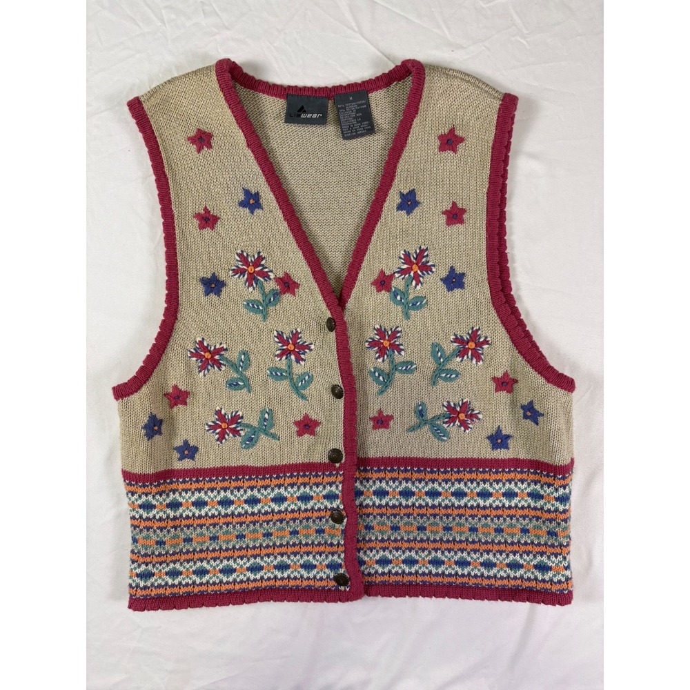 Vintage Lizwear Floral Embroidered Sweater Vest M Cottagecore Grandma Country - Picture 5 of 6